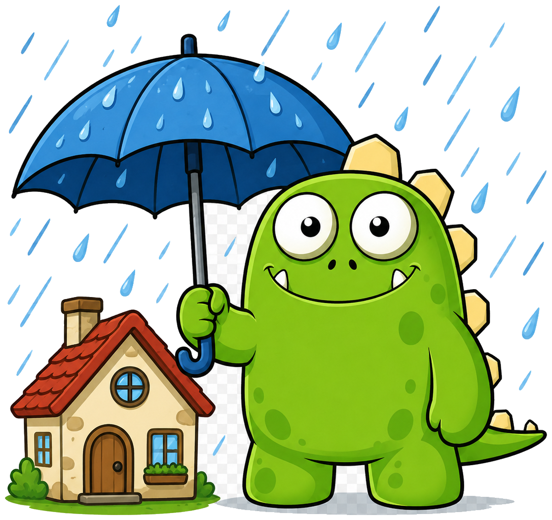 InsuranceMonster mascot shielding a home from rain