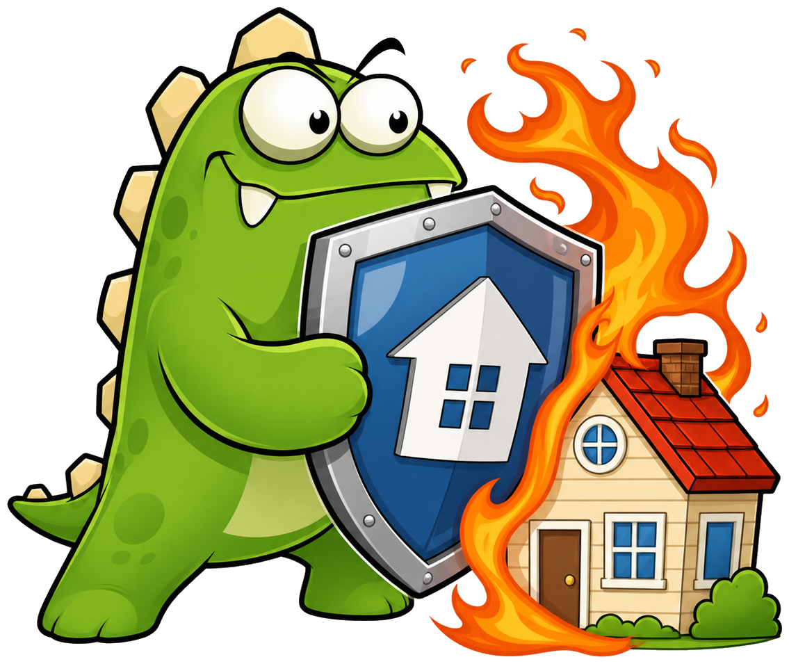 InsuranceMonster mascot shielding a fire-exposed home