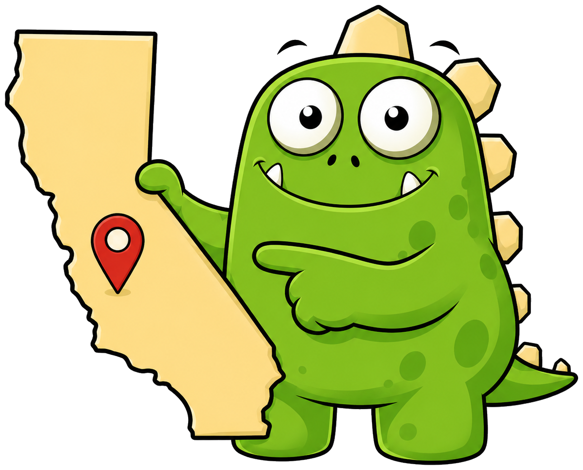 InsuranceMonster mascot holding a California map with a location pin