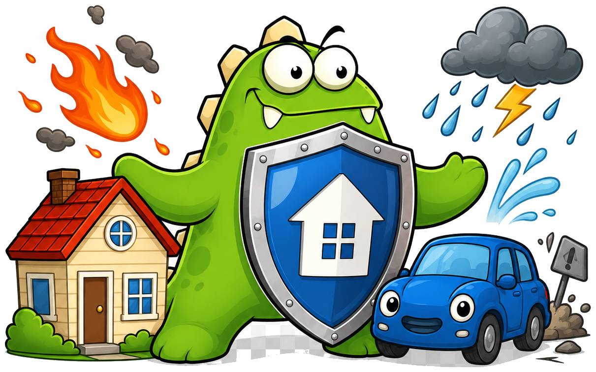 InsuranceMonster mascot shielding a home and car