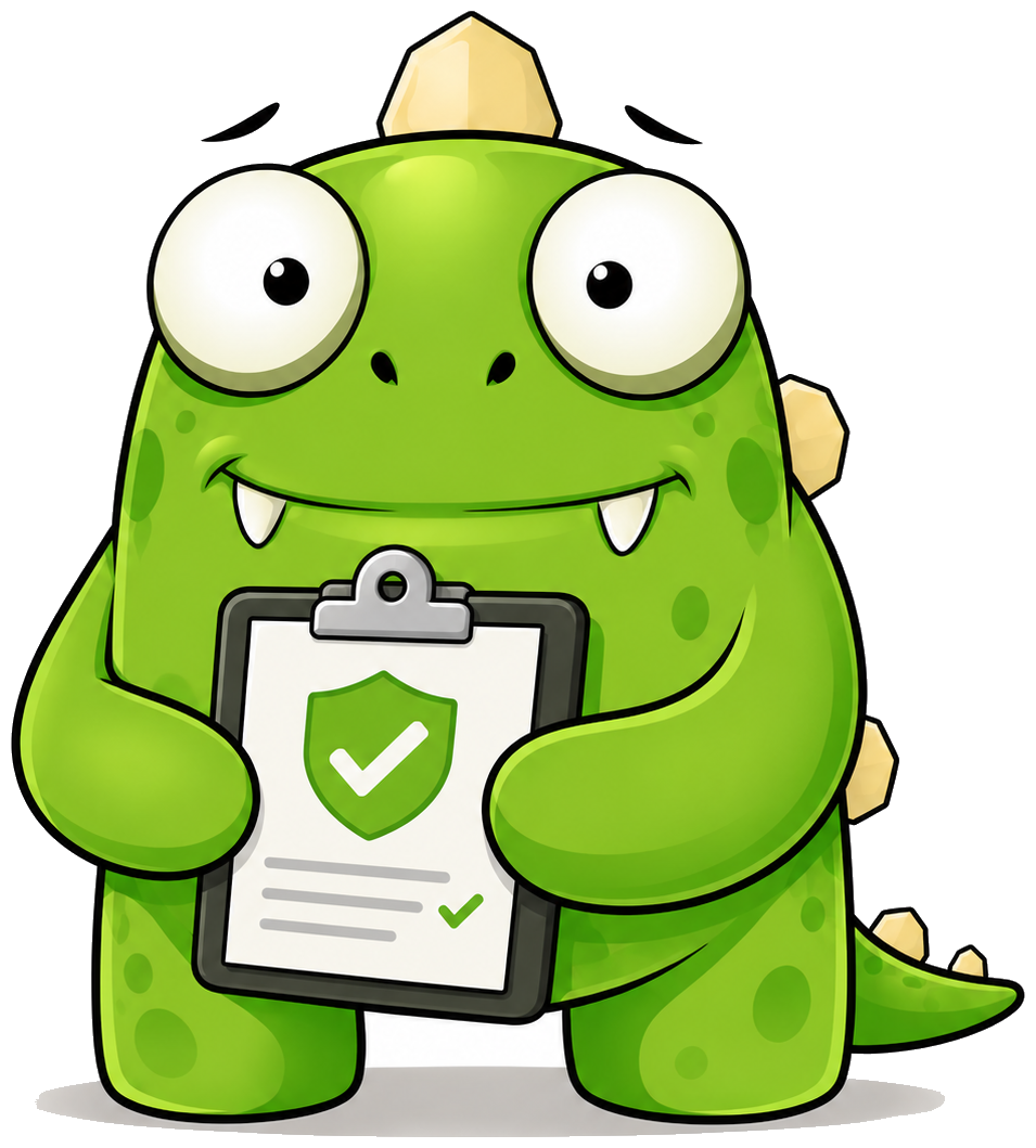 InsuranceMonster mascot with an approved filing checklist