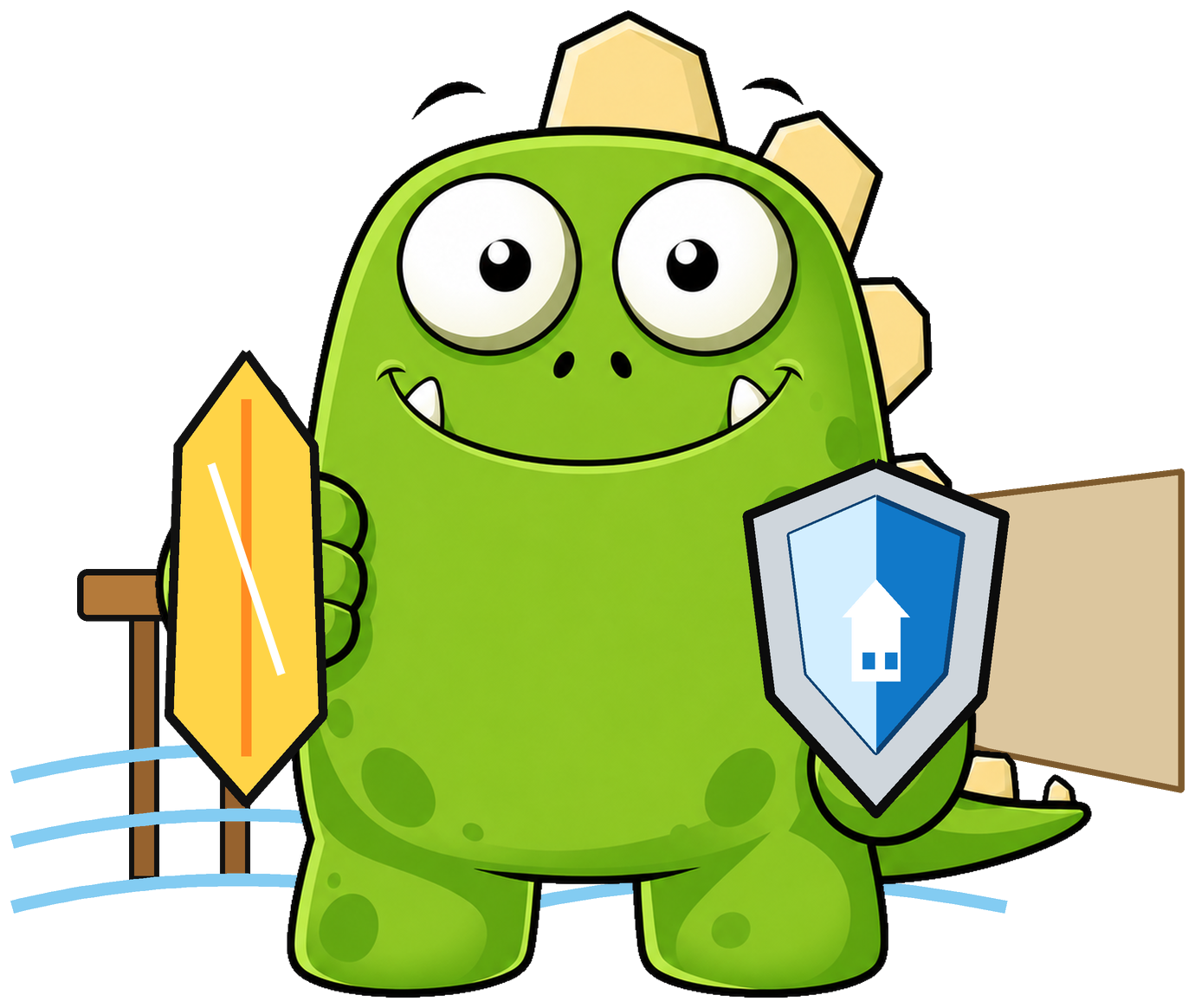 InsuranceMonster mascot with a surfboard on the coast