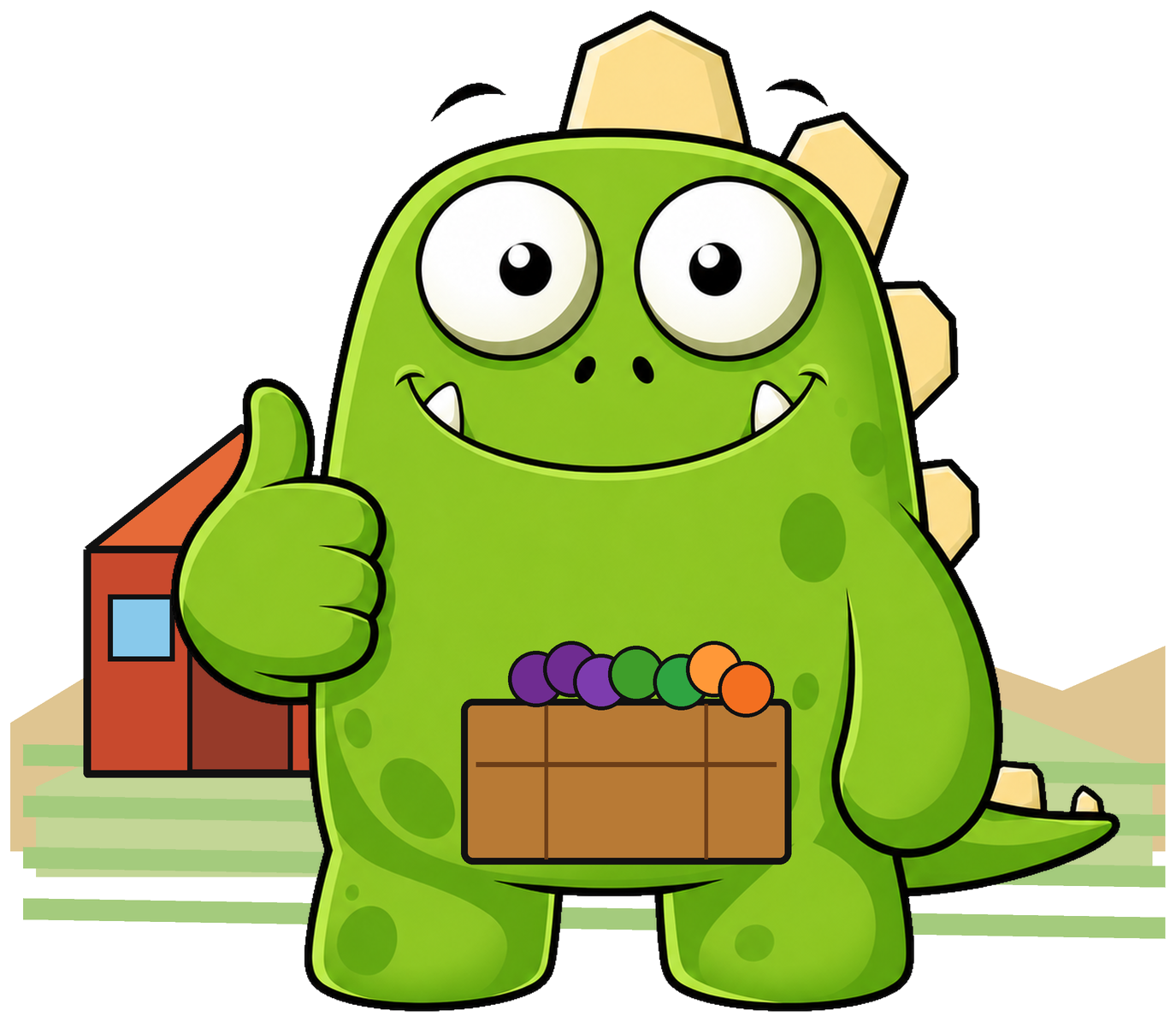 InsuranceMonster mascot holding a crate of farm produce