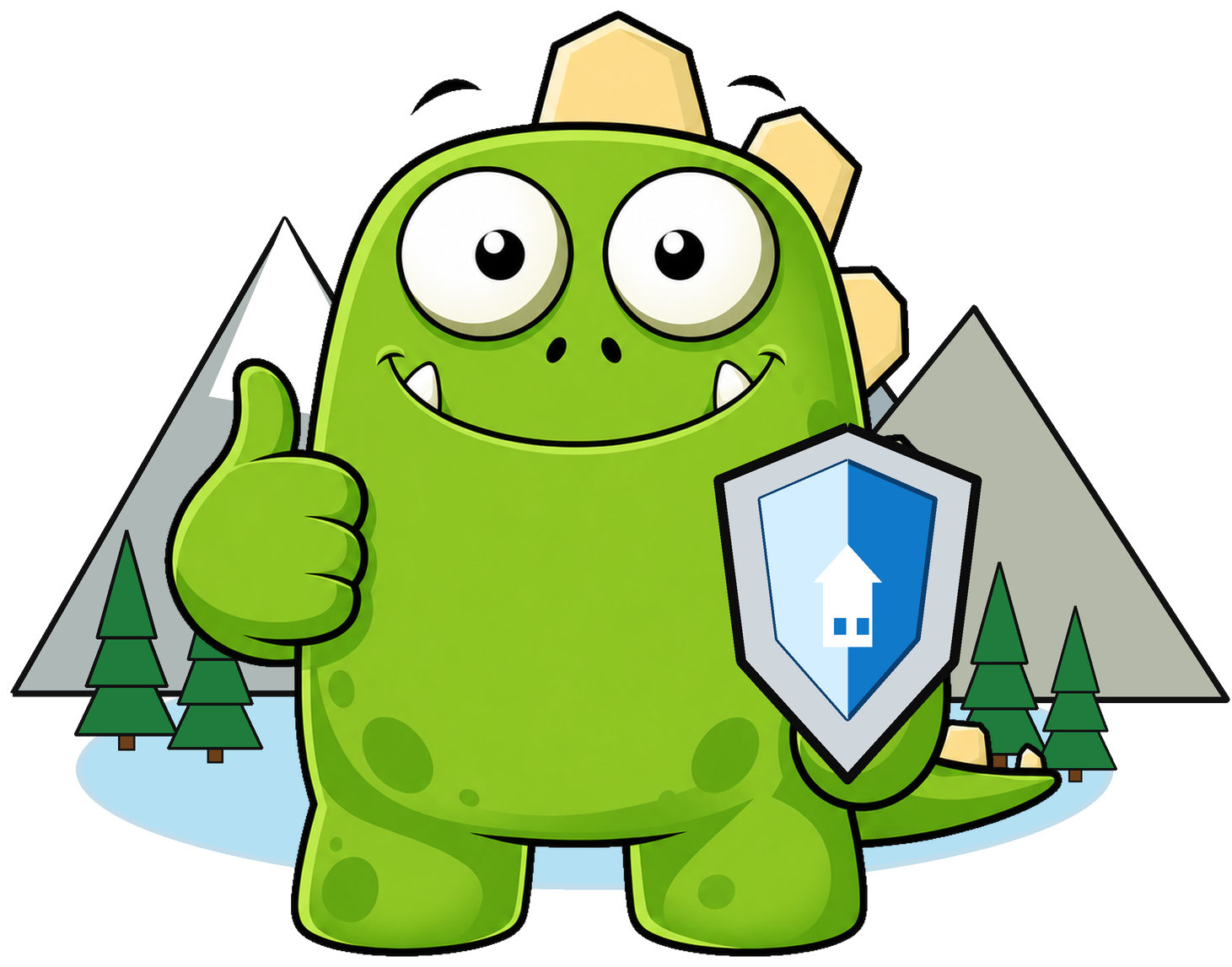 InsuranceMonster mascot by a high Sierra peak and alpine lake