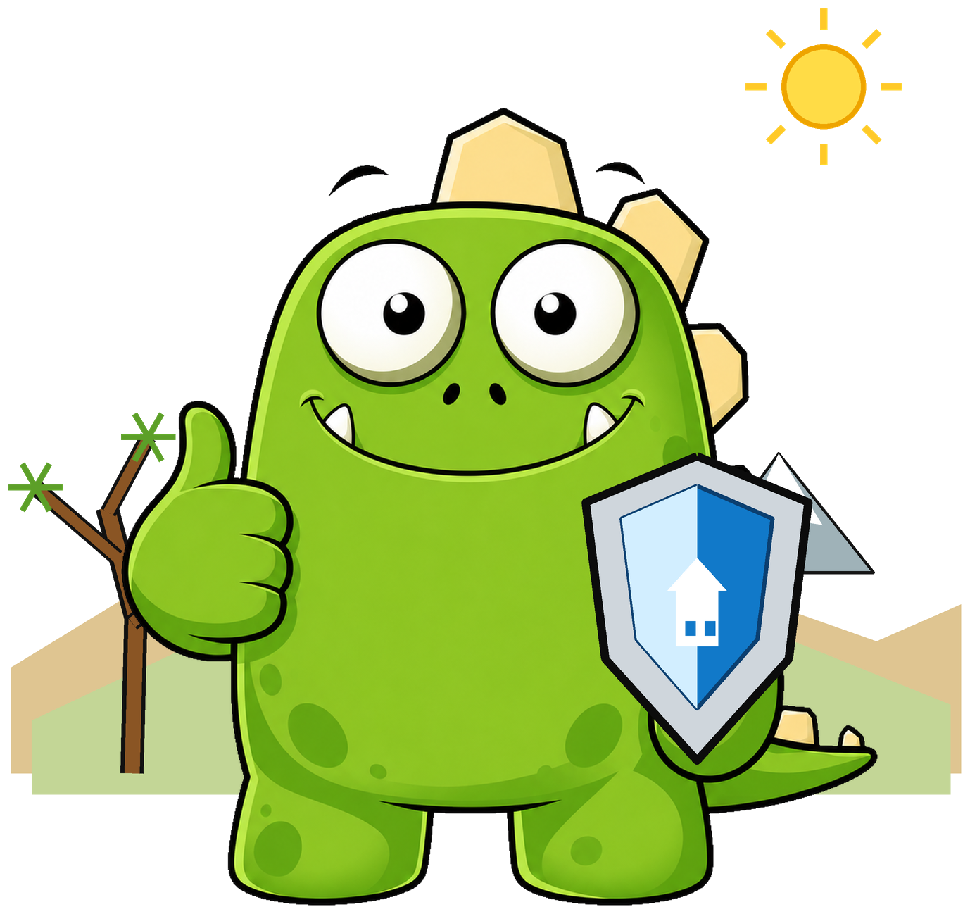 InsuranceMonster mascot by a Joshua tree in the desert foothills