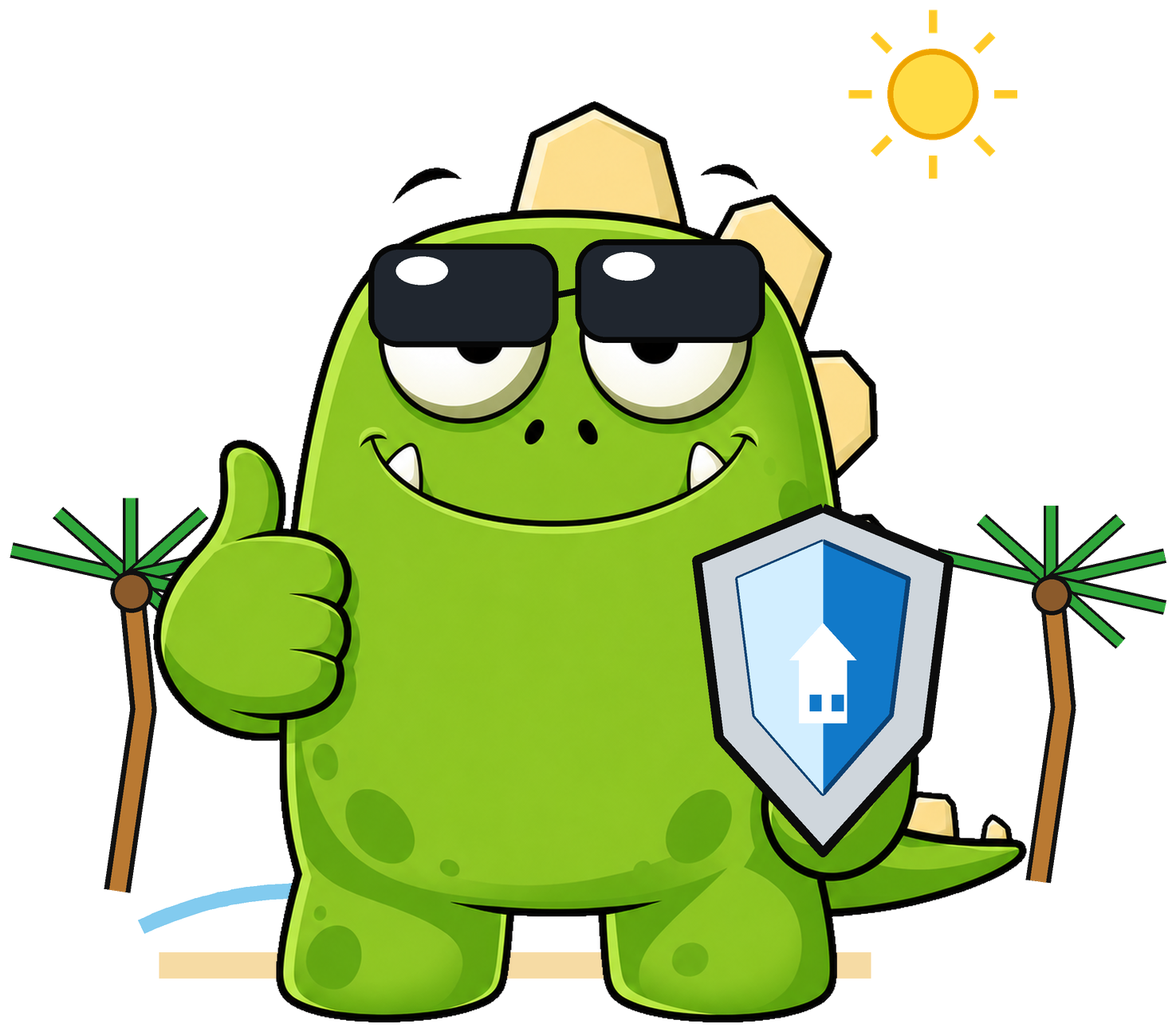 InsuranceMonster mascot in sunglasses among California palm trees