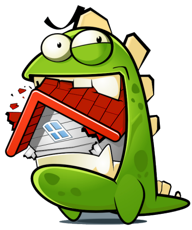 InsuranceMonster mascot holding a collapsing roof